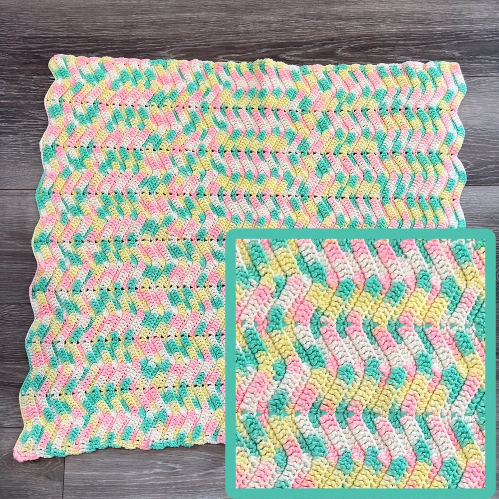 Handmade Crochet Baby Blanket Pastel Pink Yellow Green Chevron Ripple 34x29